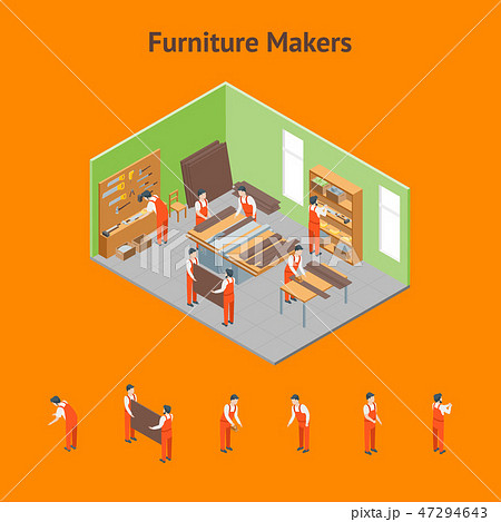 Furniture Makers at Work and Interior with Elements Set Isometric View. Vector Furniture Makers at Work and Interior with Elements Set Isometric View. Vector 47294643
