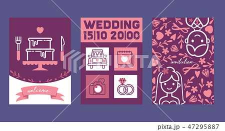 Wedding cards vector illustration. Wedding invitations. Welcome. Cake, outfits for bride and groom 47295887
