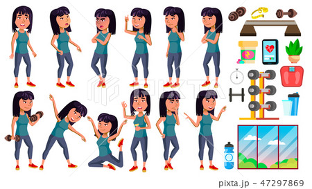 Asian Girl Poses Set Vector. High School Child. Fitness, Sport, Figure, Health. Active, Joy, Leisure Asian Girl Poses Set Vector. High School Child. Fitness, Sport, Figure, Health. Active, Joy, Leisure 47297869