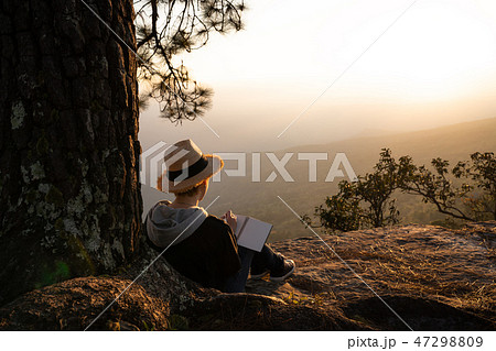 Woman sitting under pine tree reading book Woman sitting under pine tree reading book 47298809