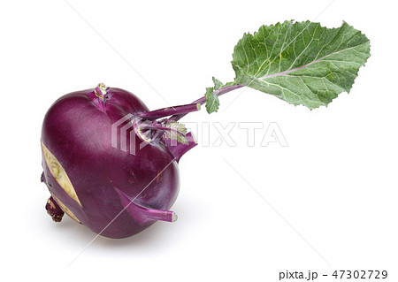 Purple kohlrabi with leaf on white background 47302729