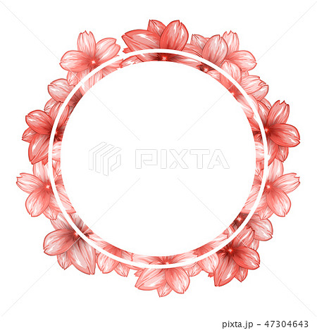 Romantic circle photo frame with pink cherry flowers. 47304643