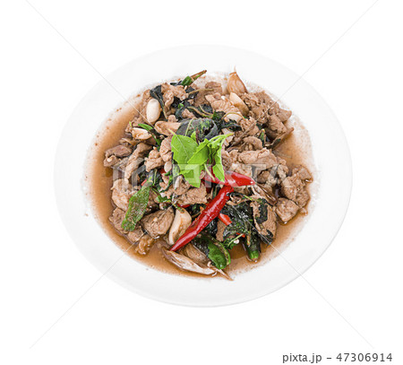 stir fried pork with basil isolated on a white stir fried pork with basil isolated on a white 47306914