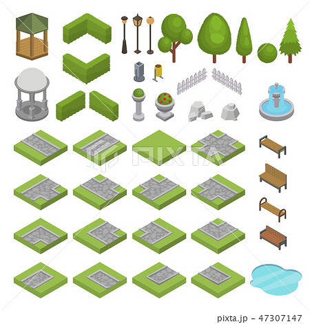 Park vector isometric parkland with green garden trees grass and bench fountain pond in city 47307147