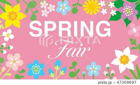 春の草花のフレーム 文字入り スプリングフェアー ピンク色背景のイラスト素材