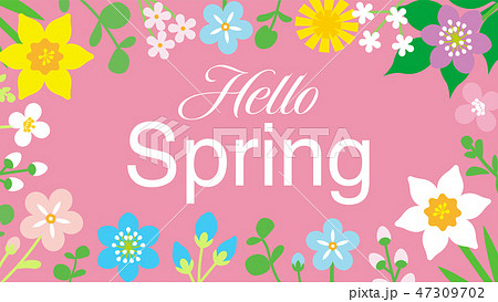 春の草花のフレーム 文字入り ハロースプリング ピンク色背景のイラスト素材