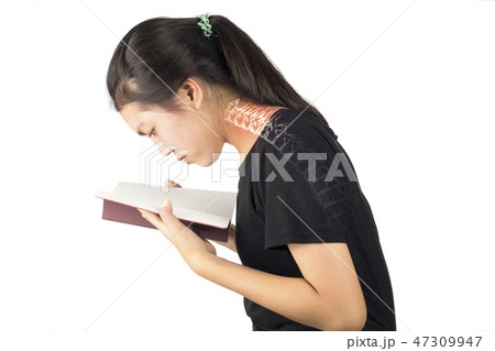 woman read a book feel strain . neck bones pain woman read a book feel strain . neck bones pain 47309947