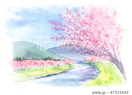 山と川と桜の木がある景色 水彩画のイラスト素材