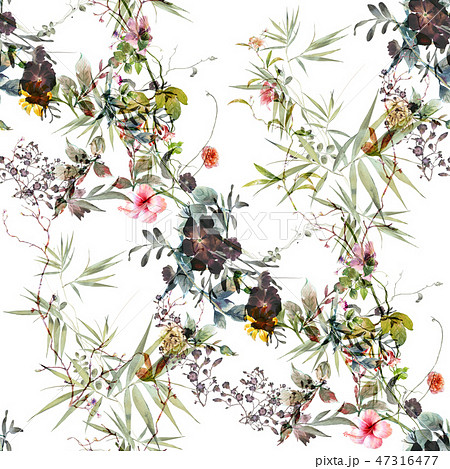 Watercolor painting of leaf and flowers, seamless  47316477
