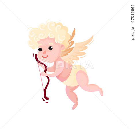 Little cupid with wooden bow in flying action. Baby angel with small wings. Valentines day theme Little cupid with wooden bow in flying action. Baby angel with small wings. Valentines day theme 47316666