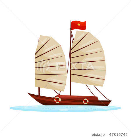 Wooden junk boat with sails and flag of Vietnam. Travel to Asia. Marine vehicle. Old sailing ship 47316742
