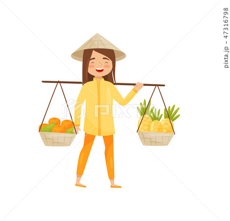 Young Vietnamese girl carrying baskets with fruits on pole. Woman in conical hat. Flat vector design Young Vietnamese girl carrying baskets with fruits on pole. Woman in conical hat. Flat vector design 47316798