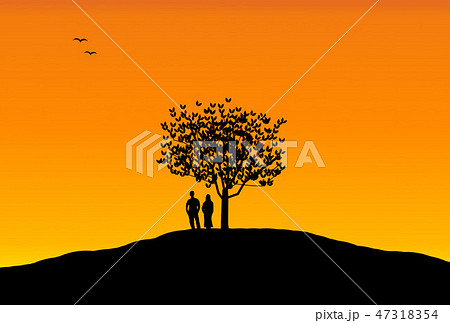 丘の上 大きな木 二人 夕焼けのイラスト素材
