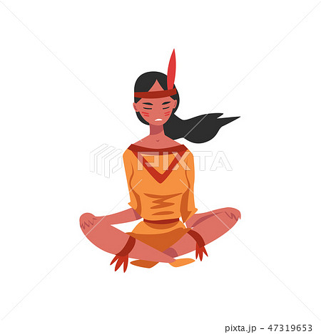Native American Indian girl sitting with her legs crossed, young woman in traditional ethnic clothes 47319653