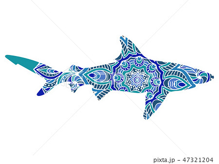 Hand-drawn shark with ethnic doodle pattern. Coloring page - zendala, for relaxation and meditation 47321204