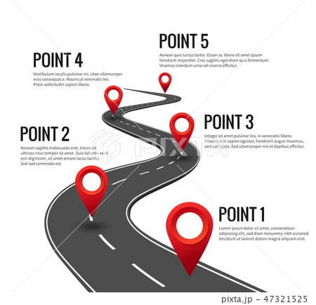 Road infographic. Curved road timeline with red pins checkpoint. Strategy journey highway with 47321525