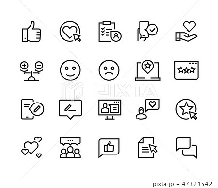Testimonials line icons. Happy customer feedback client service experience positive review 47321542