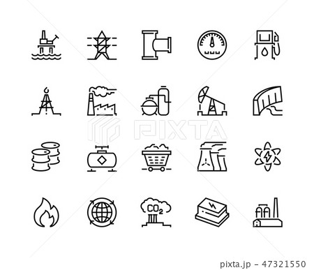 Heavy industry line icons. Oil gas production nuclear electric station fuel refinery barrel. Power 47321550
