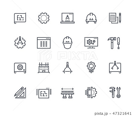 Engineering line icons. Work project, mechanical and electrical engineering. Measuring, development 47321641