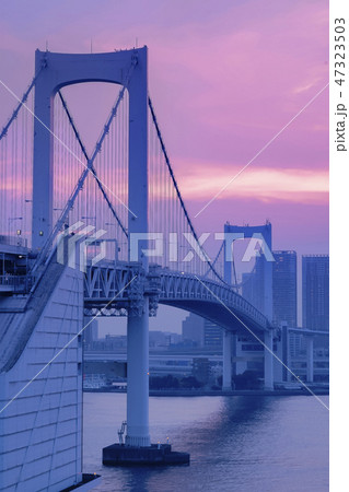 夕暮れのゴールデンアワーにピンクに輝くお台場湾を渡るレインボーブリッジの吊り橋。 夕暮れのゴールデンアワーにピンクに輝くお台場湾を渡るレインボーブリッジの吊り橋。 47323503