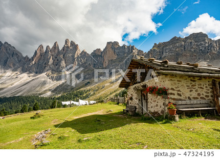 Beautiful mountain landscape of rifugio Brogles in Dolomites Italy 47324195