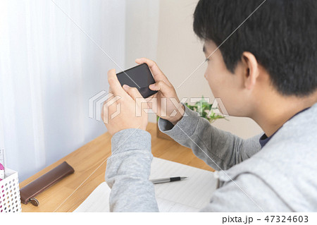 スマートフォンでゲームをする男の子　うしろ姿 47324603