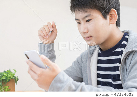 スマートフォンを使い勉強する男の子　　 47324605