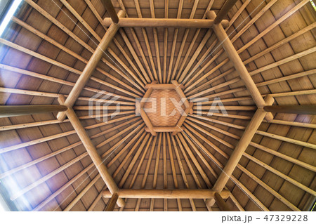 目白庭園の池に立つ六角浮き見堂の籐と竹制の六角形の屋根の低面図 の写真素材
