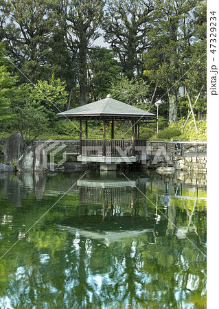 目白庭園の池泉回遊式の池の周りに広がる松や紅葉の木を背景に水に反射する六角浮き見堂と幽霊。 47329234