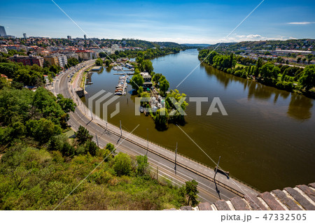 Water park with yachts in Prague from above Water park with yachts in Prague from above 47332505