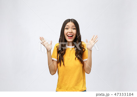 Happy young asian woman with blank copy space area for text or slogan,Closeup portrait of beautiful 47333184