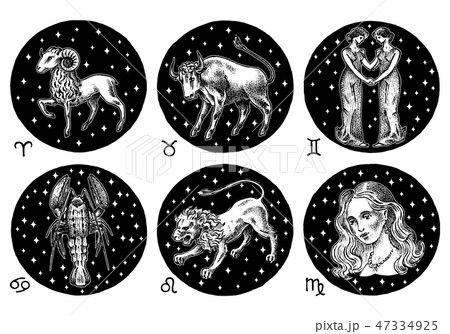 Zodiac icons. Astrology horoscope with signs. Calendar template. Collection outline animals. Classic Zodiac icons. Astrology horoscope with signs. Calendar template. Collection outline animals. Classic 47334925
