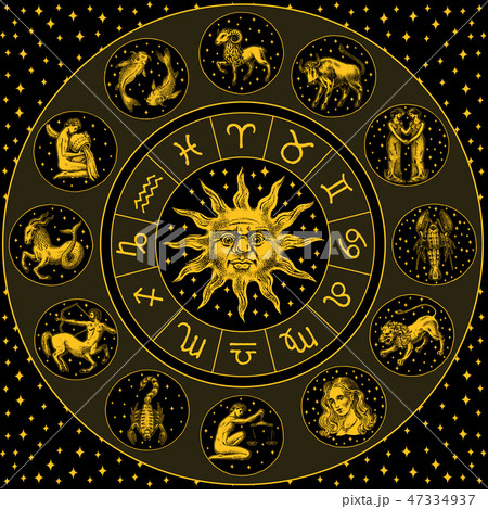 Zodiac Wheel. Astrology horoscope with circle, sun and signs. Calendar template on black background Zodiac Wheel. Astrology horoscope with circle, sun and signs. Calendar template on black background 47334937