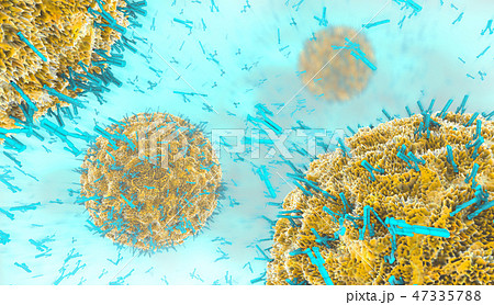 Antibodies attacking virus cell in the bloodstream 47335788