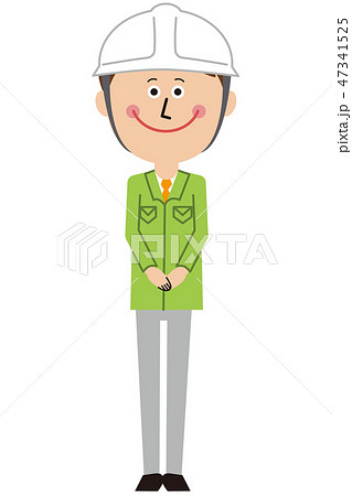 ポップな緑の制服の作業員 安全ヘルメット 男性 お出迎えのイラスト素材