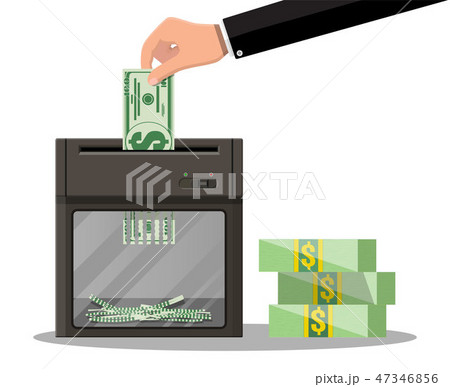 Hand putting dollar banknote in shredder machine 47346856