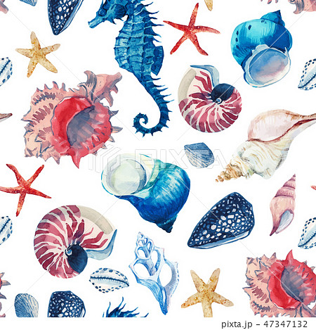 Watercolor Sea Life Vector Patternのイラスト素材 47347132 Pixta