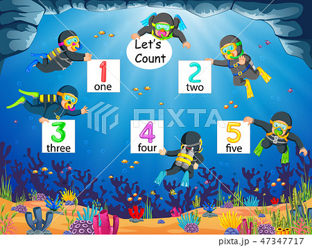 number 1 until 5 with the diver under the ocean 47347717