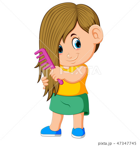 the girl is combing her hair with the pink comb 47347745