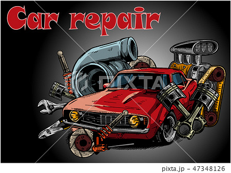 Vintage car components collection witn automobile motor engine piston steering wheel tire headlights 47348126