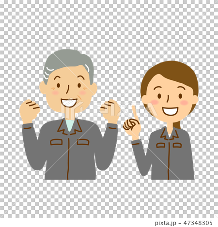 Worker clothes senior man young women gut pose pointing fingers chest upper Worker clothes senior man young women gut pose pointing fingers chest upper 47348305