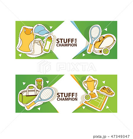 Tennis stuff set of banners vector illustration. Sport, fitness, tennis, healthy lifestyle, sport Tennis stuff set of banners vector illustration. Sport, fitness, tennis, healthy lifestyle, sport 47349347