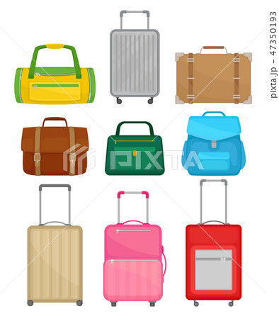 Flat vector set of different bags. Women handbag, leather briefcase, backpack, traveler suitcases on Flat vector set of different bags. Women handbag, leather briefcase, backpack, traveler suitcases on 47350193