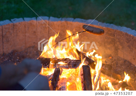 Roasting sausages on the campfire 47353207