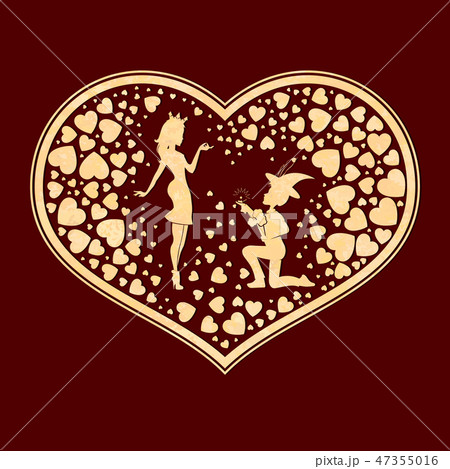 Arrangement of a corrugated silhouette of a heart with a boy in love on his knees and a girl, 47355016