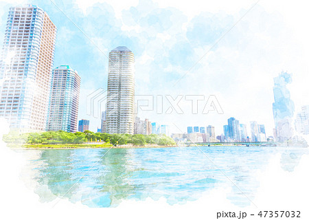 隅田川沿いの高層マンション　水彩画風 47357032