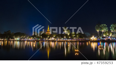 Sukhothai historical park  at night with lighting  47359253