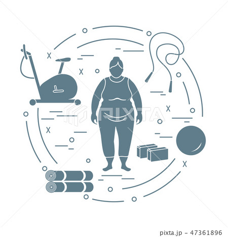 Fat woman and different sports equipment Fat woman and different sports equipment 47361896