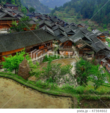 Asian village in mountains China, peasant farming Asian village in mountains China, peasant farming 47364602