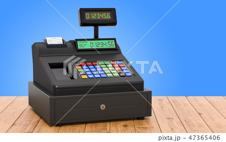 Cash register on the wooden table, 3D rendering Cash register on the wooden table, 3D rendering 47365406